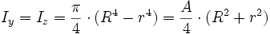 I_y = I_z = {pi over 4} cdot (R^4 - r^4) = {A over 4} cdot (R^2 + r^2)