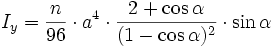I_y = frac {n}{96} cdot a^4 cdot frac{2 + cos alpha}{(1 - cos alpha)^2} cdot sin alpha